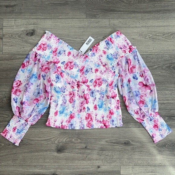 BB Dakota Off the Shoulder Top Large Smocked Blouson Sleeve Floral Boho Spring - Picture 4 of 11